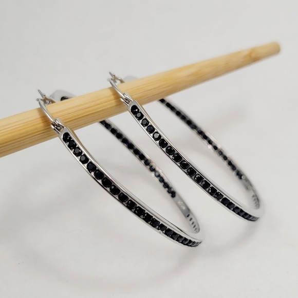 Sterling Silver 2" Black Spinel Hoops - Picture 6 of 12